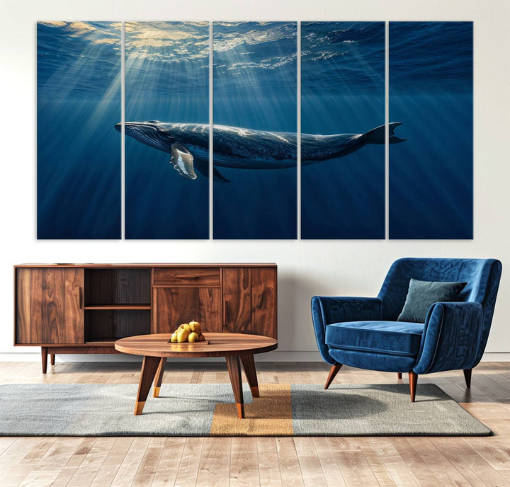 The Whale under Ocean wall art canvas print graces the white wall.