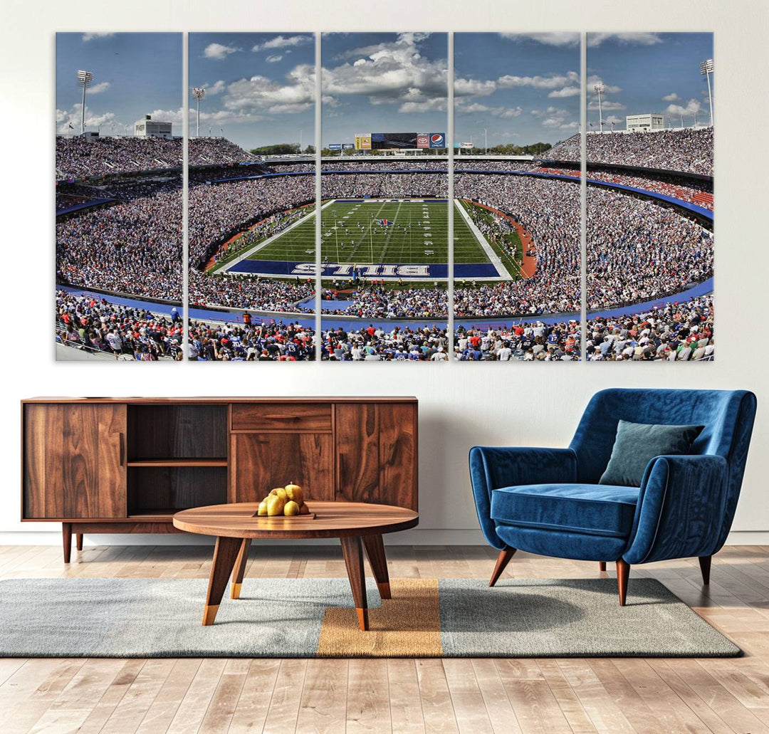 Our Buffalo Bills Game Day Canvas captures a vibrant scene at Highmark Stadium, with a lively crowd under a partly cloudy sky.