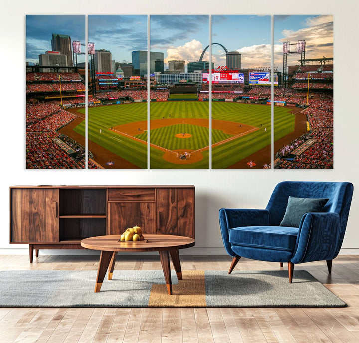 A Busch Stadium canvas print featuring a cityscape, ideal for enhancing living room or man cave sports decor.