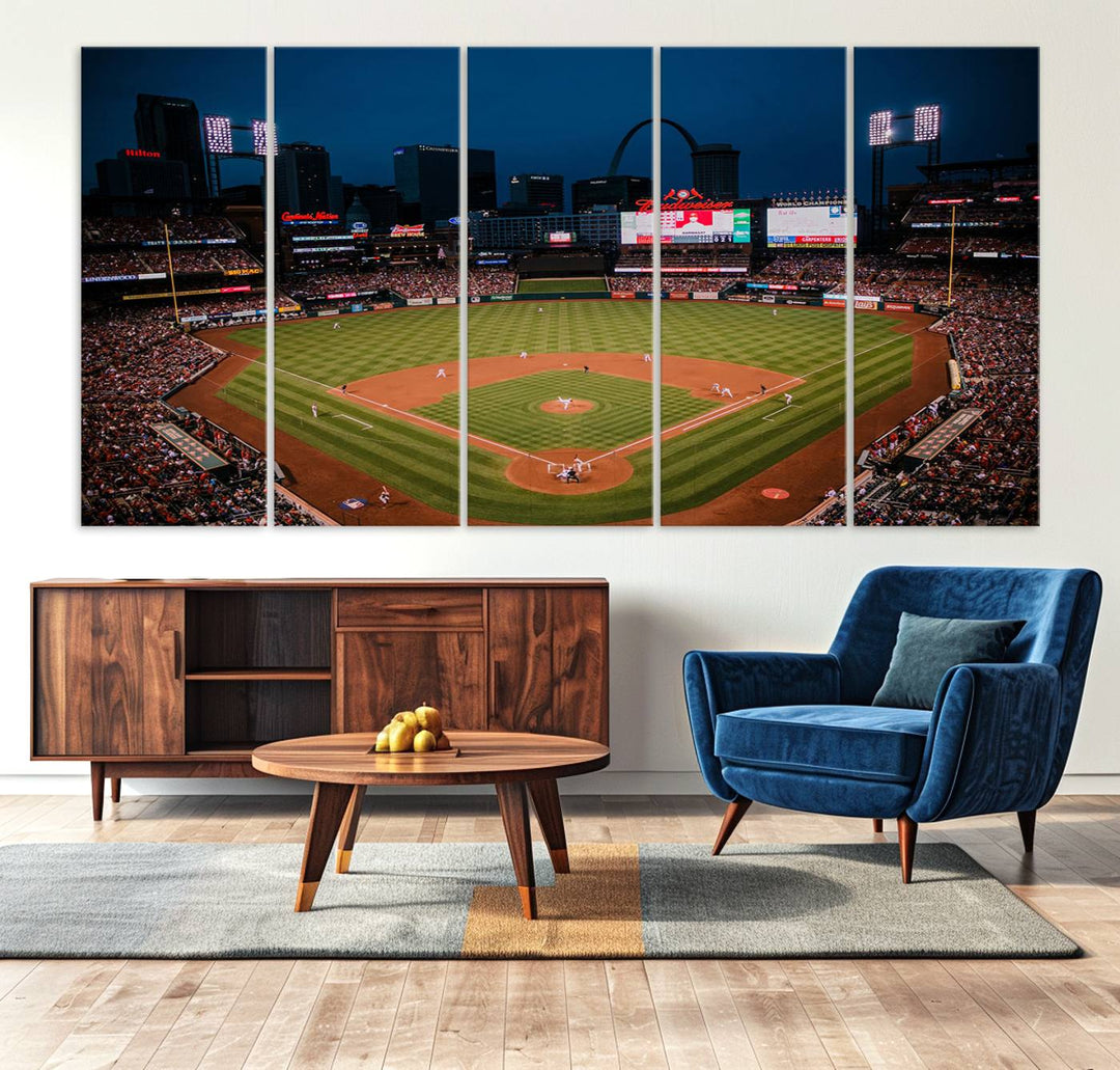 A St. Louis Cardinals Baseball Team print of Busch Stadium at night adorns the wall.