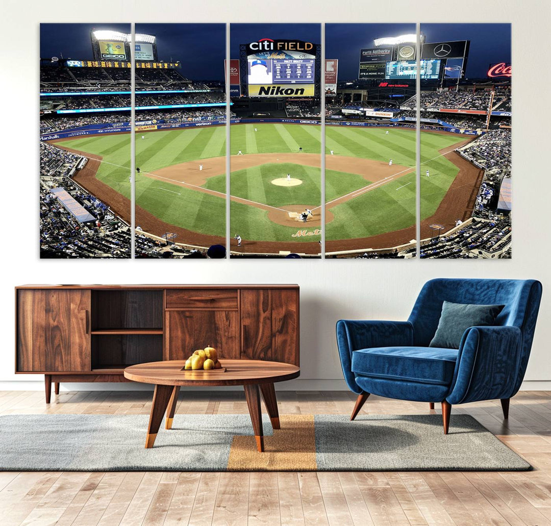 The wall is adorned with a 3-panel Citi Field Wall Art Print, framed for sports-themed decor.