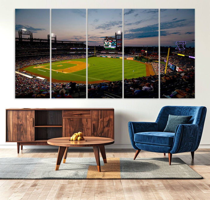 A wall art piece depicting the Philadelphia Phillies Citizens Bank Park Stadium at dusk.