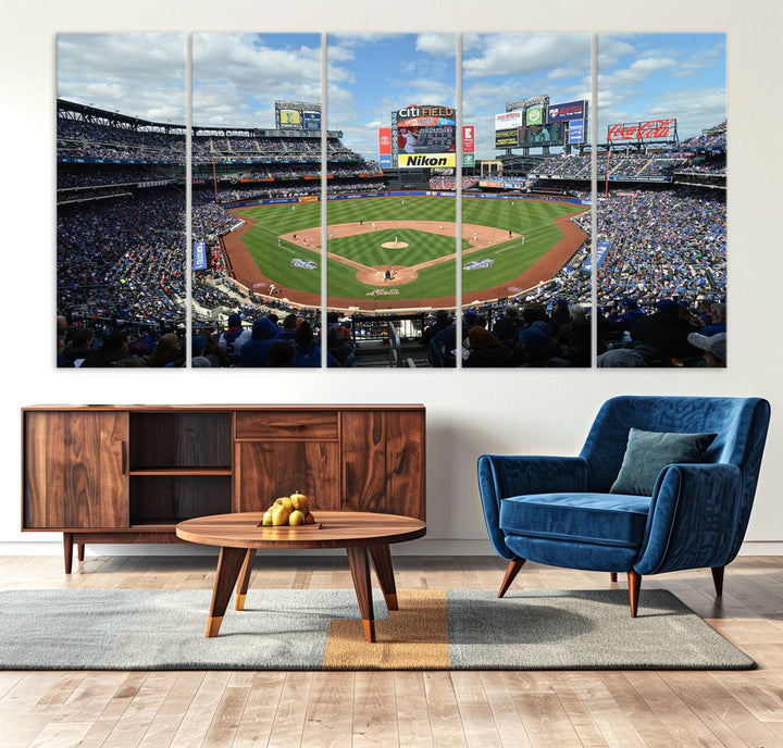 A wall art piece featuring a New York Mets Baseball Team print of Citi Field during a thrilling game under a blue sky.