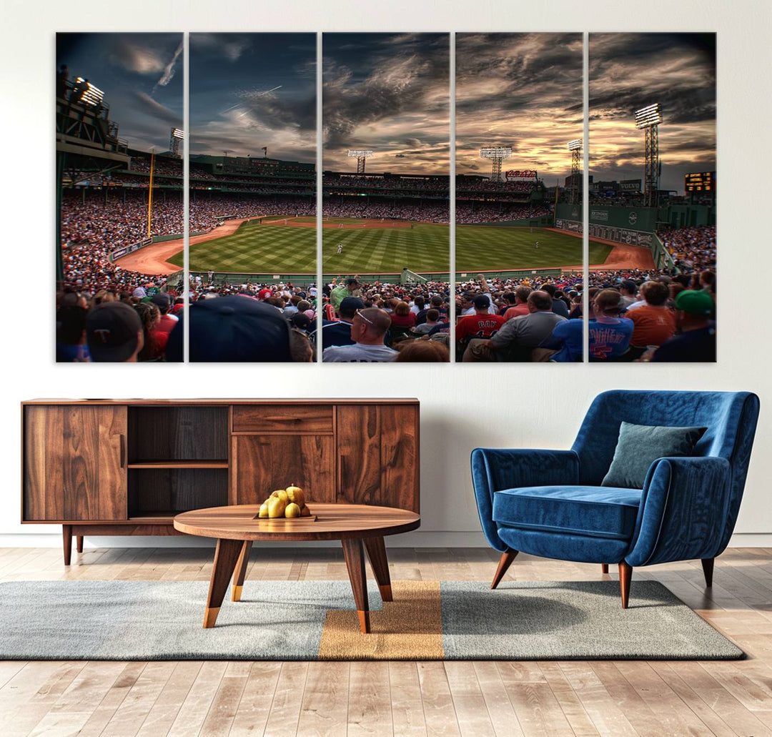 Boston Red Sox canvas print of Fenway Park at sunset, ideal for sports fans.