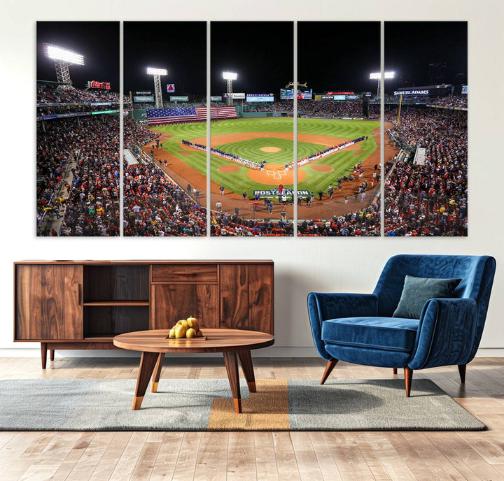 The Fenway Park Wall Art Canvas Print showcases a stunning aerial view of Bostons iconic ballpark at night, making it an ideal piece for any Red Sox enthusiast.