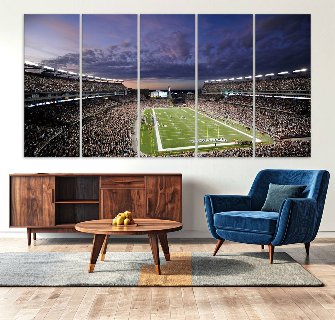 A large New England Patriots Foxborough Gillette Stadium wall art canvas print at sunset.