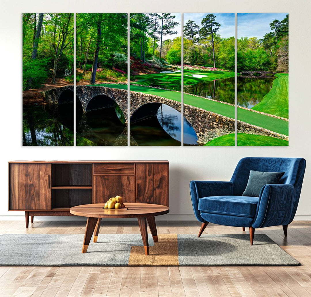 The wall art from Augusta National Golf Club showcases a panoramic bridge set against rich, lush greenery on a framed triptych canvas.