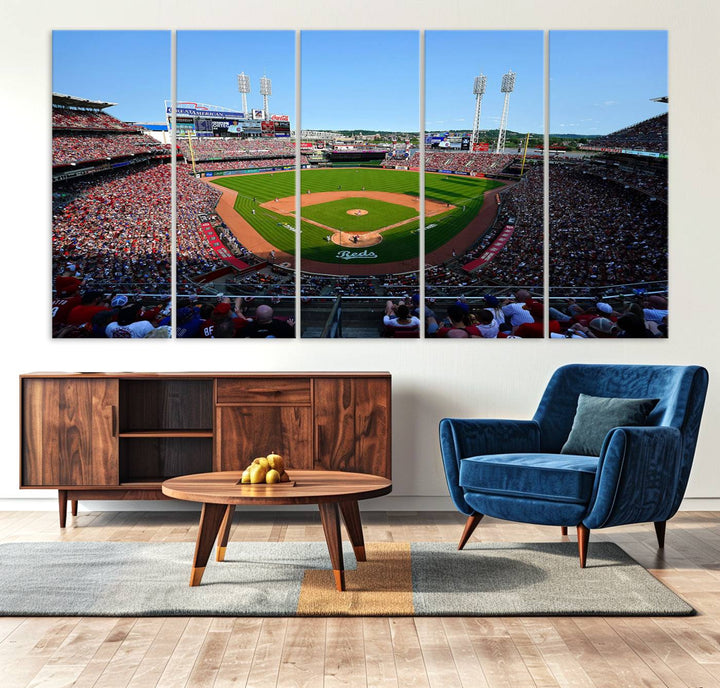 The Cincinnati Reds Baseball Team print of Great American Ball Park Stadium adorns the wall.