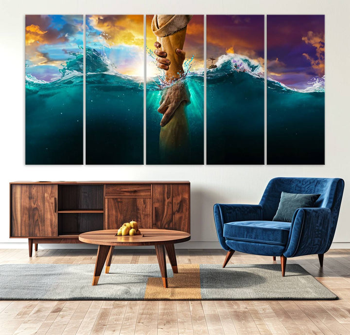 The God Hand Wall Art Canvas Print depicts hands reaching through water against a vibrant sky.