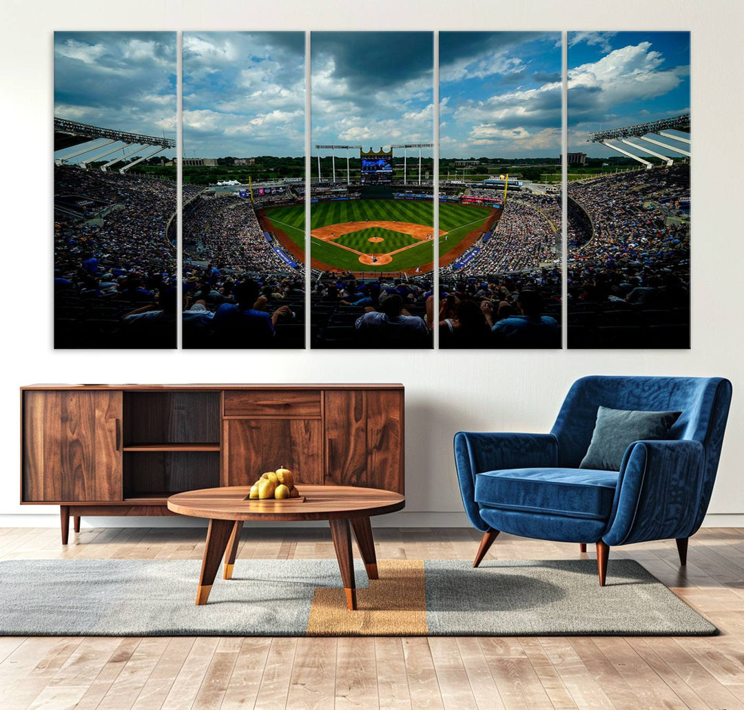 A 3-panel print of Kauffman Stadium, showcasing a crowded baseball field under cloudy skies.