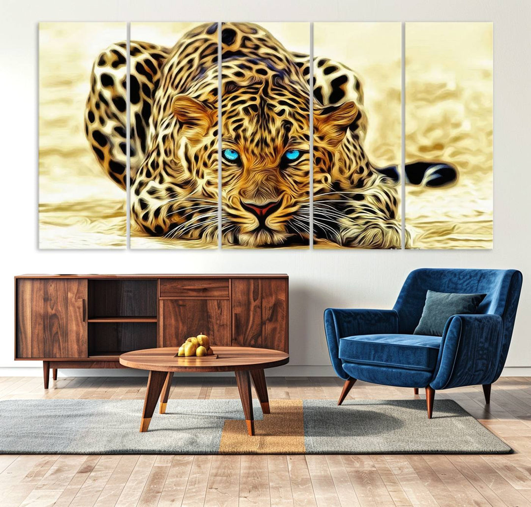 The Blue-Eyed Leopard Canvas Wall Art features a fierce and captivating design, perfect for wildlife enthusiasts. Its bold imagery makes it a striking decor piece, ready to hang.