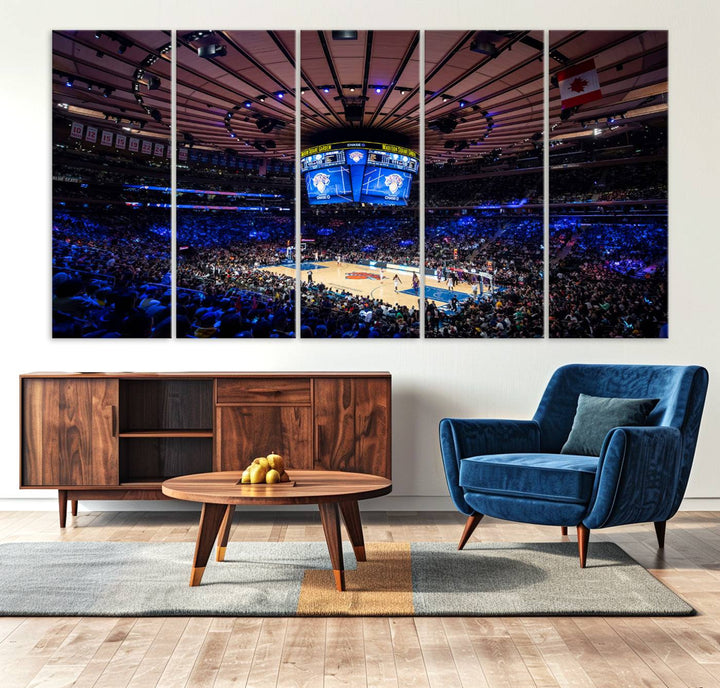 A print depicting an NBA game at Madison Square Garden, highlighting the scoreboard.