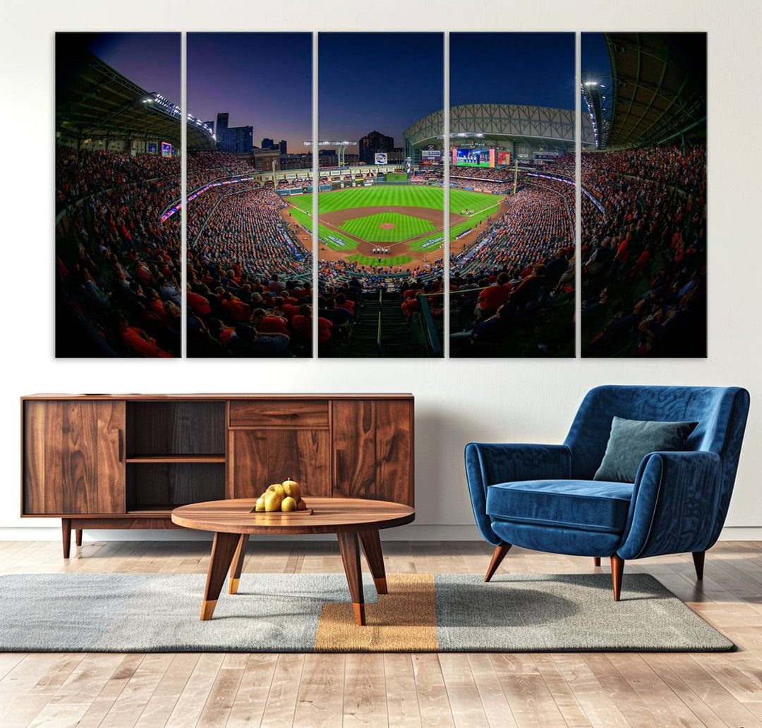 A canvas print of Houston Minute Maid Park at dusk is mounted on the wall.