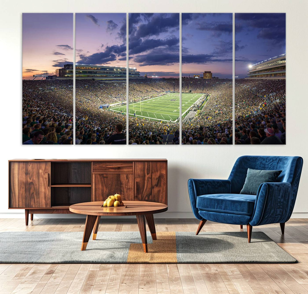 As the sun sets, a stunning backdrop highlights the Notre Dame Fighting Irish Football Team Print.