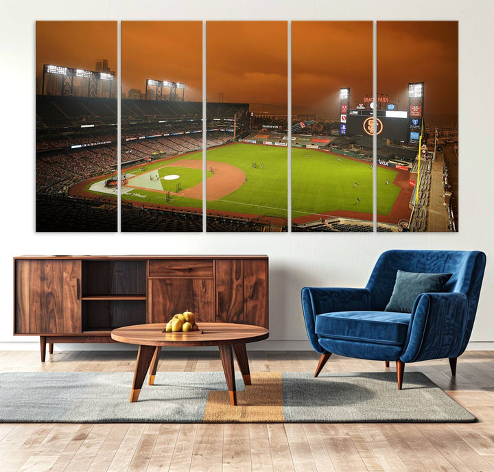 A canvas depicting an Oracle Park game with an orange sky, from SF Giants Stadium Wall Art.