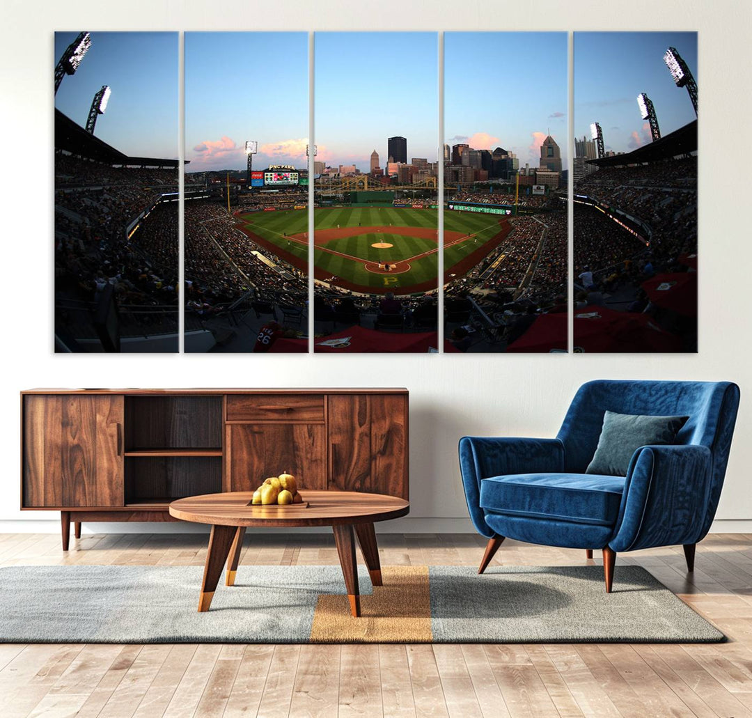 The PNC Park Evening Game Canvas, featuring a skyline backdrop, is displayed on the wall.