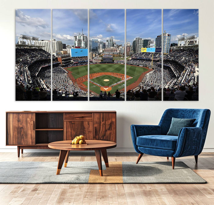 The San Diego Padres Baseball Canvas Print of Petco Park enhances the modern kitchen-dining area.