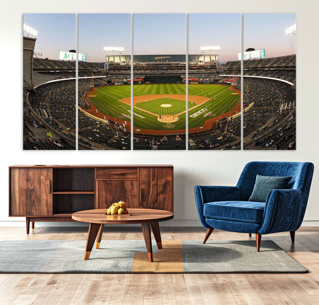 Oakland Athletics wall art canvas featuring the interior of RingCentral Coliseum Stadium.