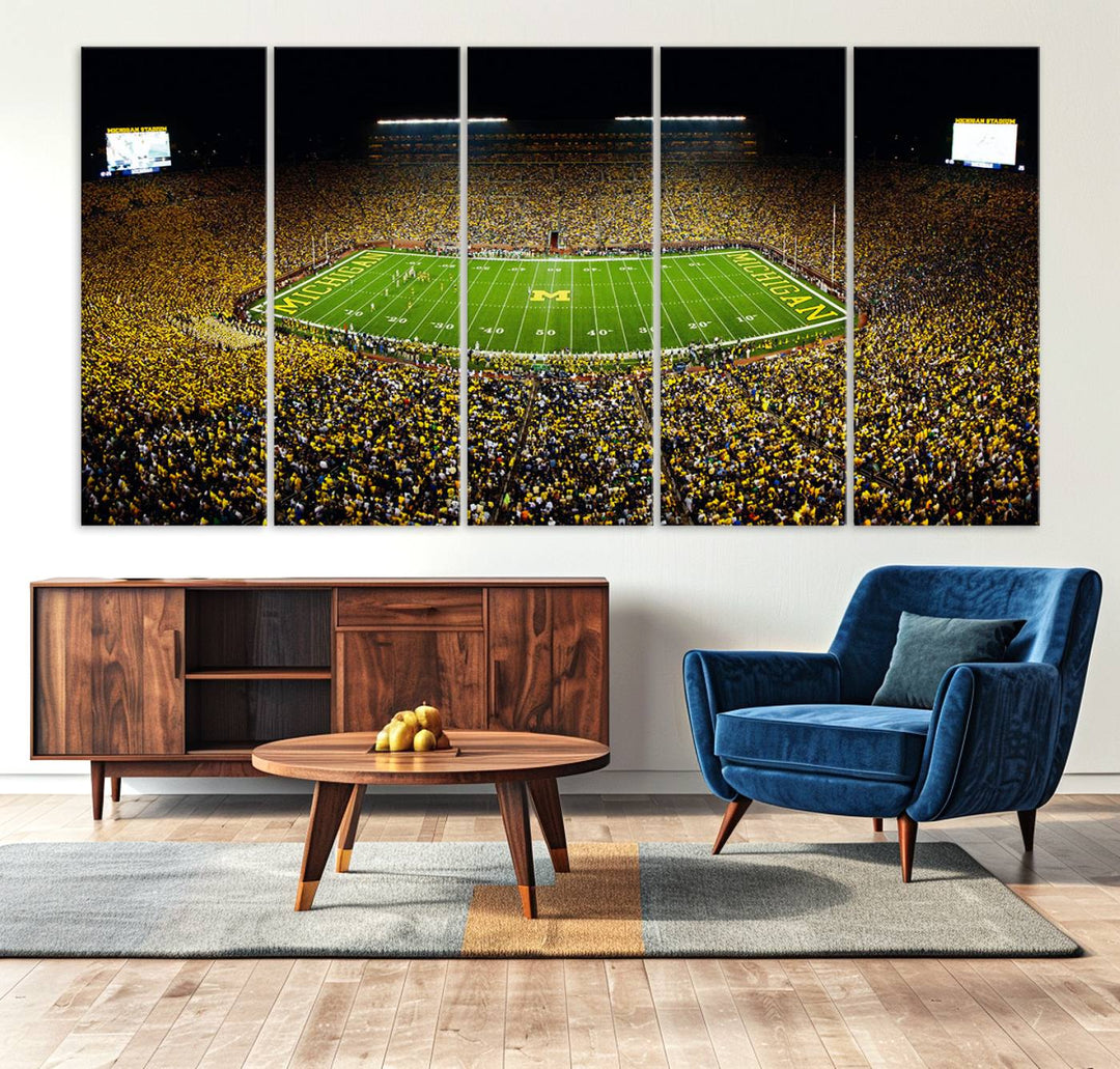 Aerial view of Michigan Stadium night game, ideal for Michigan Wolverines Football Team displayed on a triple canvas wall art.