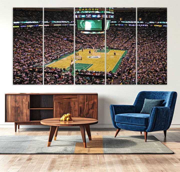 A vibrant depiction of a TD Garden basketball game is beautifully captured in the Boston Celtics Triple Canvas Wall Art, which comes framed and ready to hang.