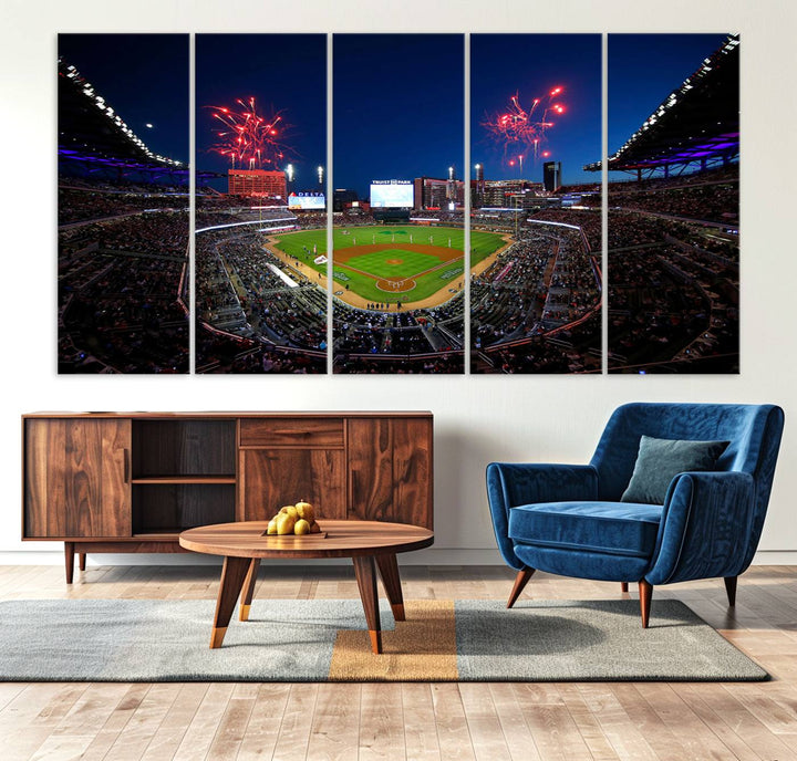 Truist Park wall art: fireworks over a Braves crowd, a large 3-panel canvas, framed and ready-to-hang.