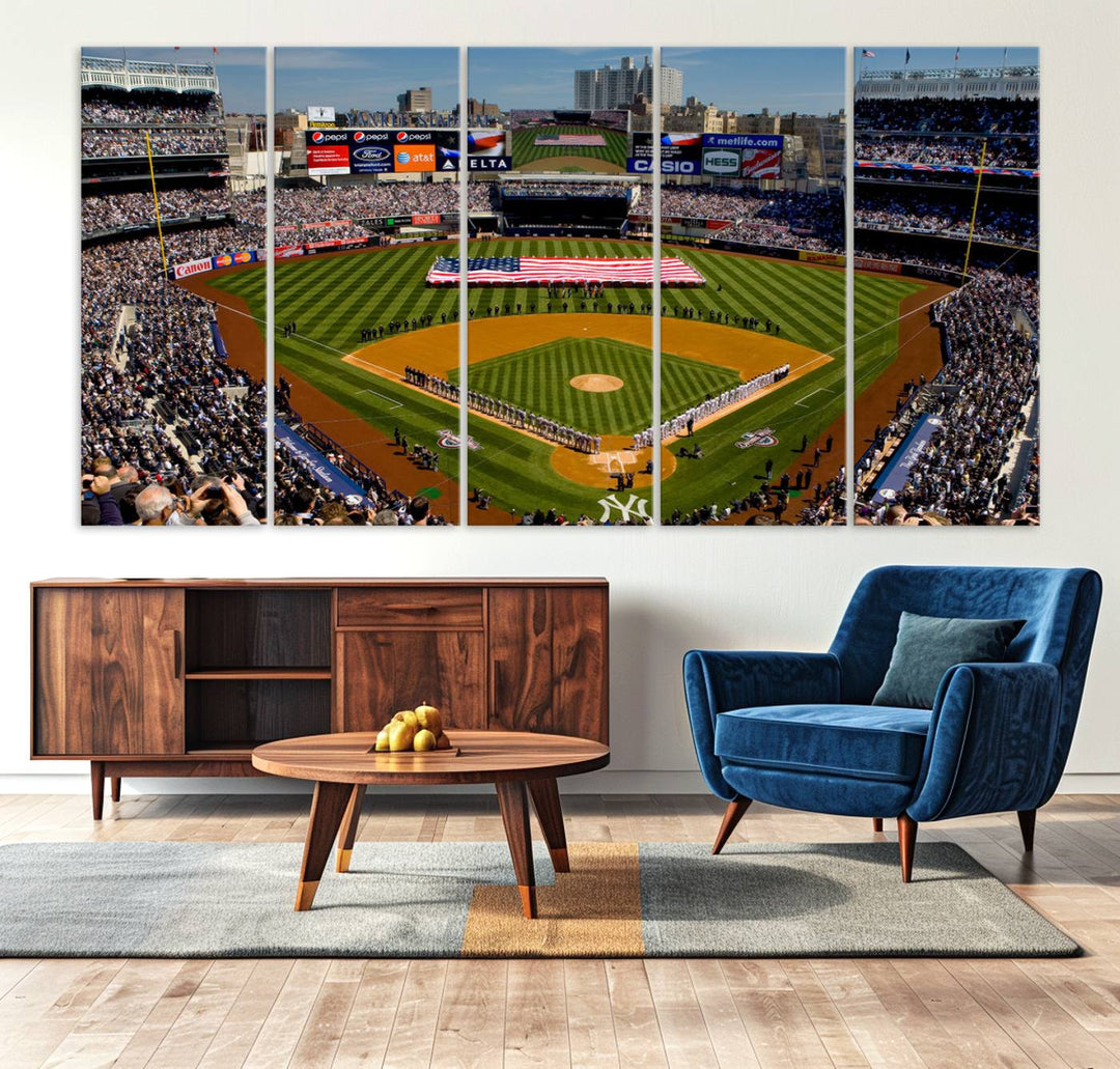 The Yankee Stadium New York wall art print features a vibrant scene of baseball fans with a large flag and players, expertly capturing the spirit of the game. This ready-to-hang décor is perfect for adding a dynamic touch to any space.