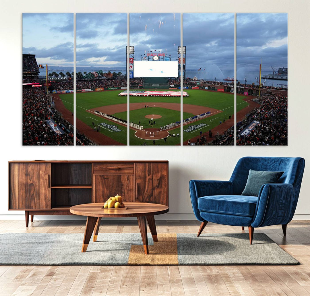 This framed 3-panel canvas MLB wall art features a giant flag and fans under a cloudy sky at Oracle Park.