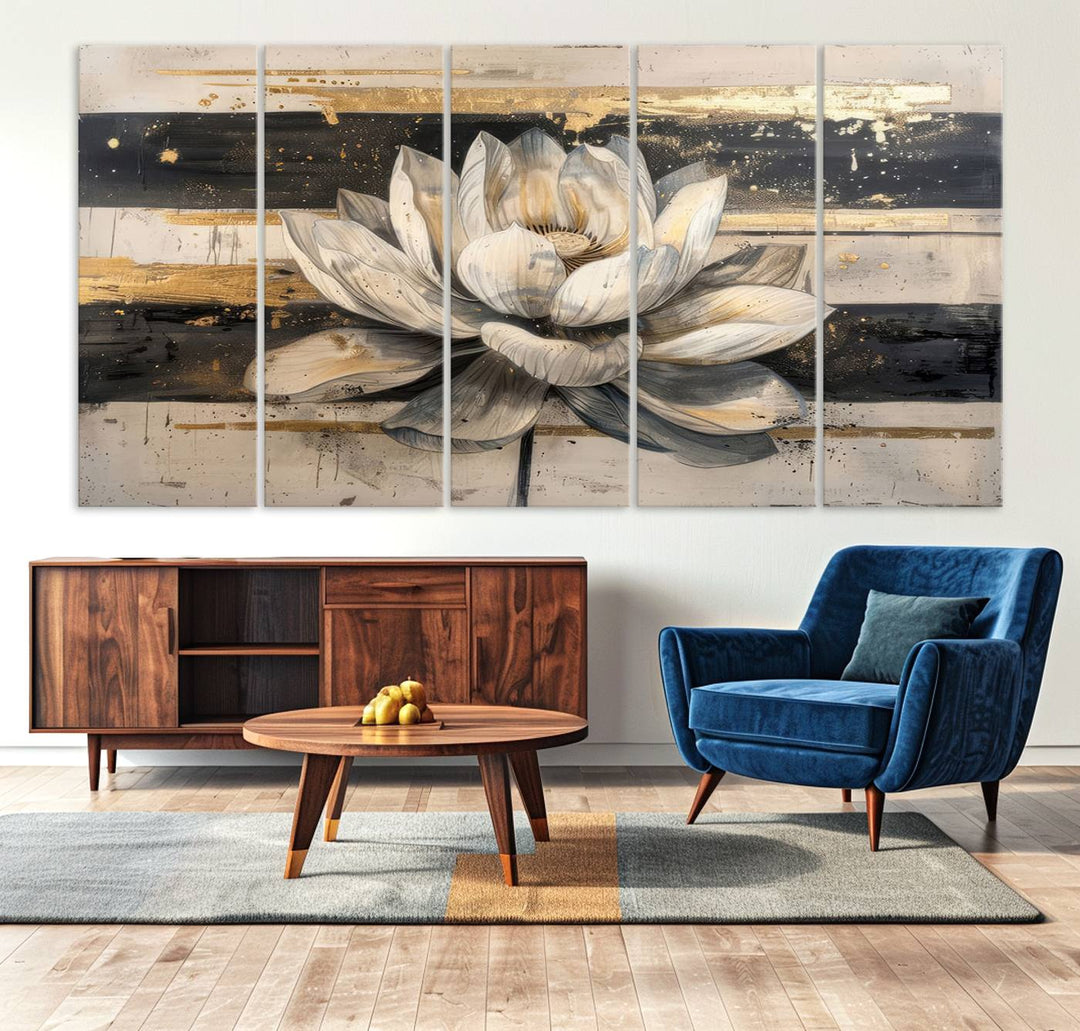 The wall is adorned with an Abstract Lotus Flower Wall Art Canvas Print.