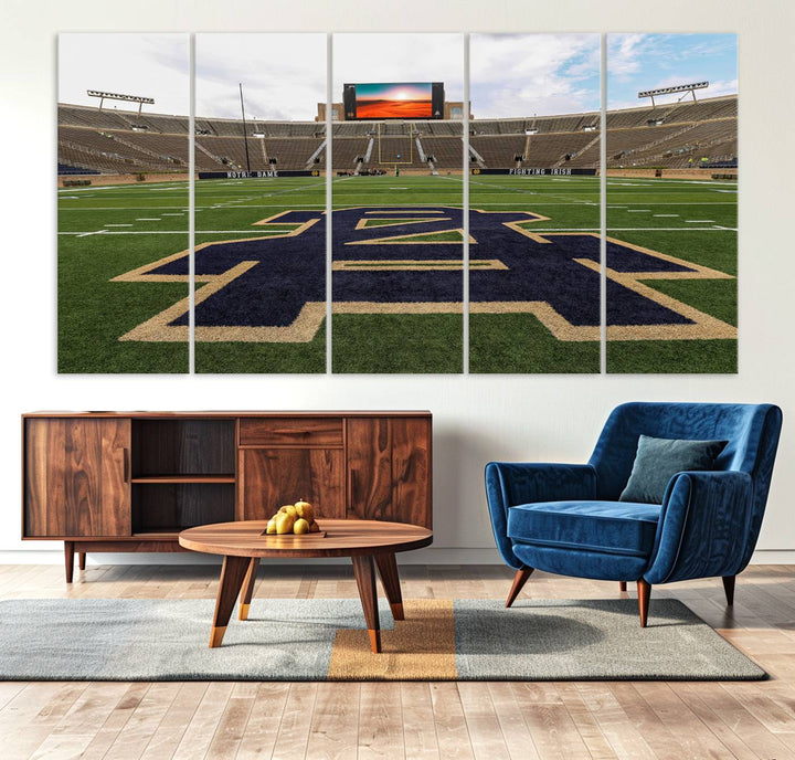 Notre Dame Stadium Triptych: This ready-to-hang giclee canvas print features a vibrant depiction of the football field adorned with an A logo and a stunning sunset.