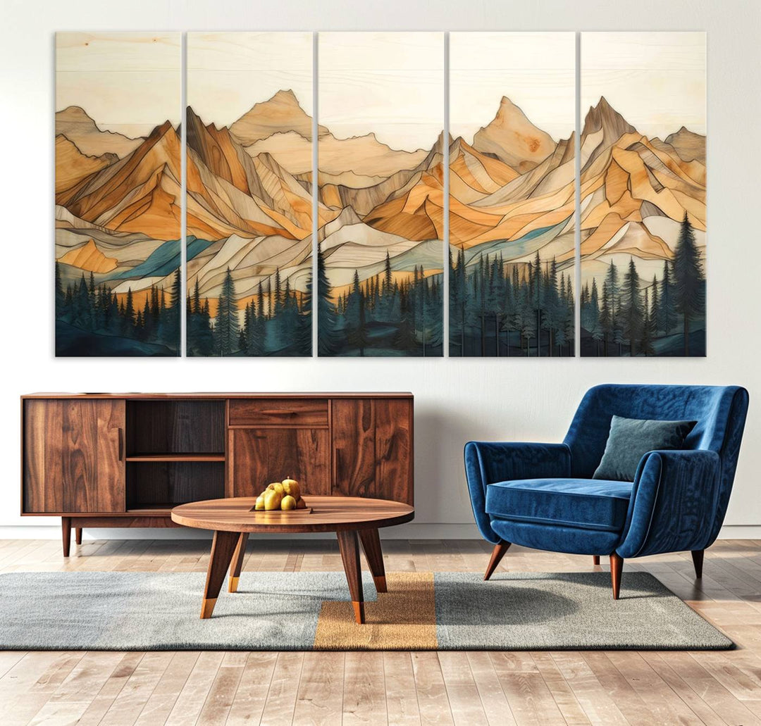 A triptych giclee print of mountains decorates the wall above the counter.