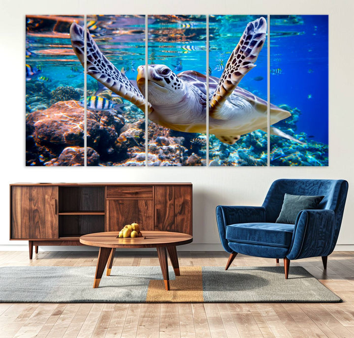 The Underwater Sea Turtle Wall Art Canvas Print serves as vibrant ocean décor, enhancing the kitchen with its stunning depiction.