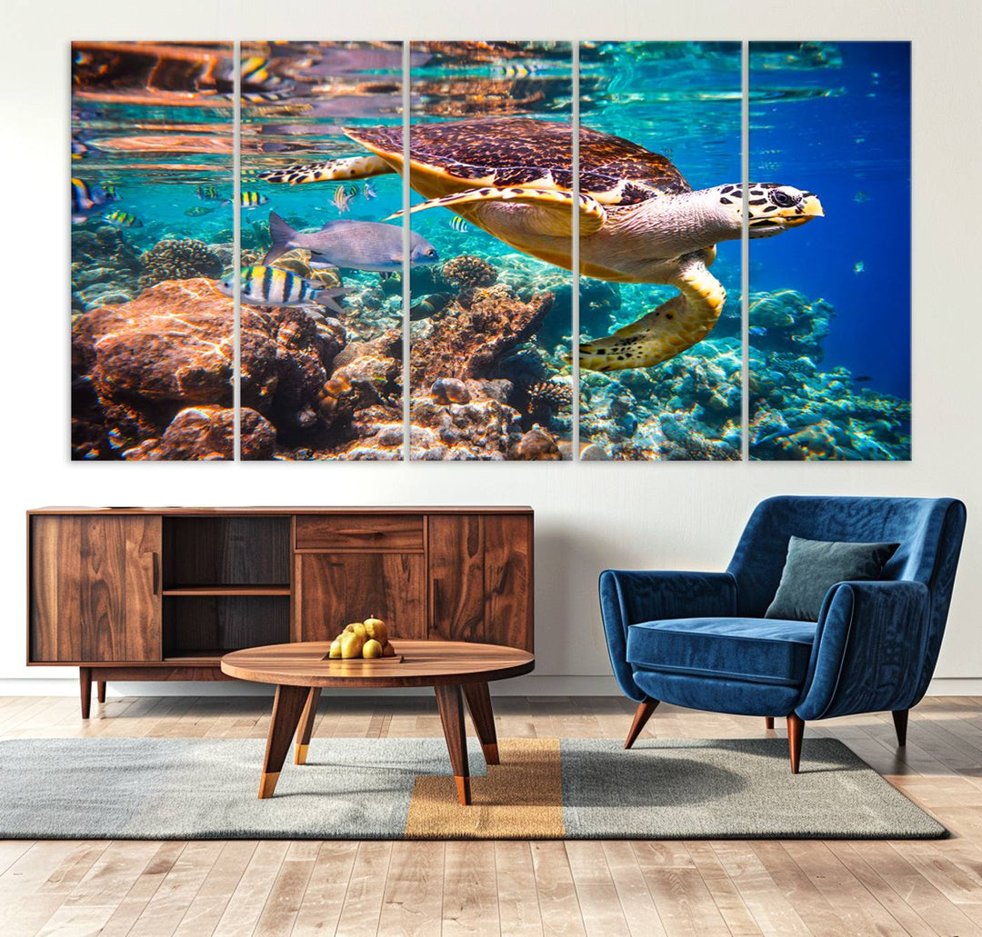 A Sea Turtle Wall Art Canvas Print features a colorful turtle swimming among coral. This artwork is ready to hang.