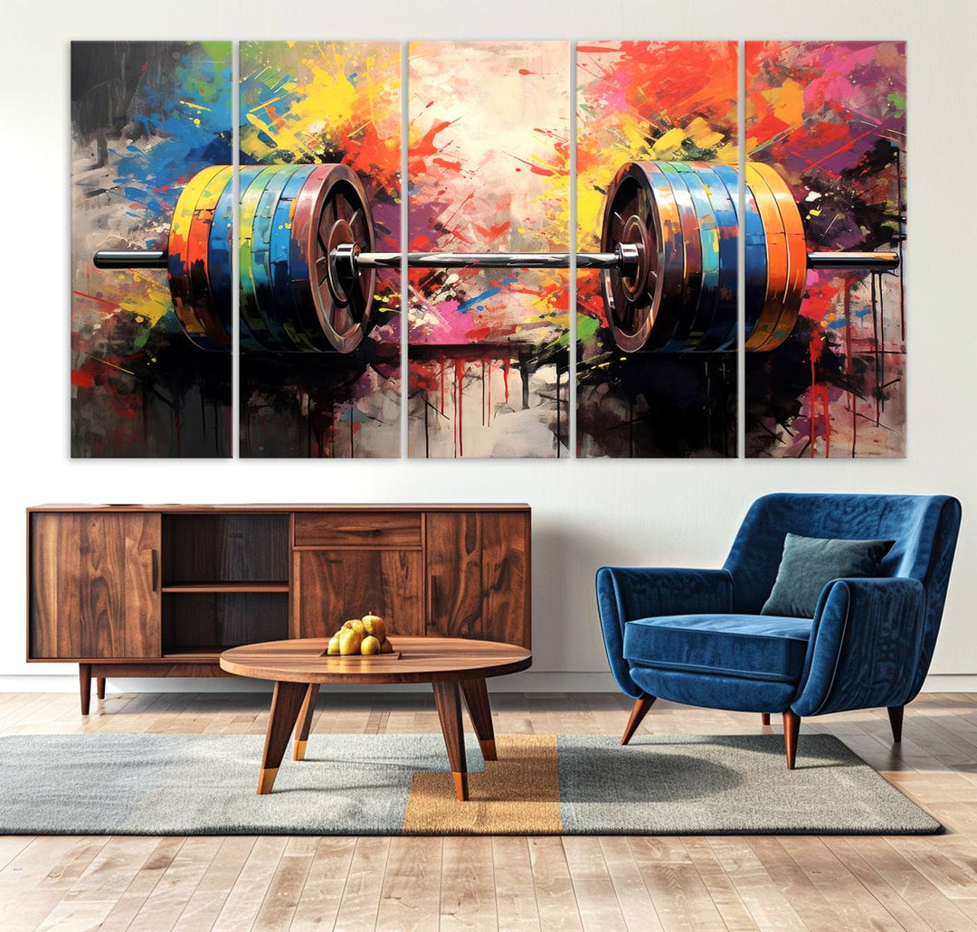 The Weightlifting Barbell Art Triptych hangs prominently on the wall.