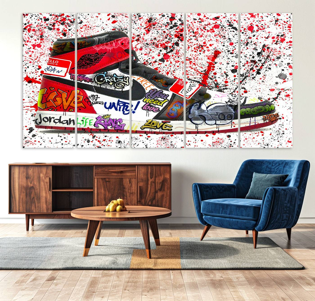 A Jordan Shoes Graffiti Canvas Print hangs prominently, perfect for sneakerheads and urban art lovers.