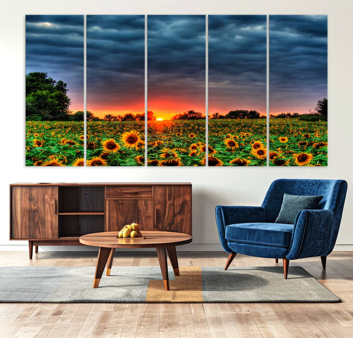 A Golden Sunflower Field at Sunset ready-to-hang wall art canvas print.