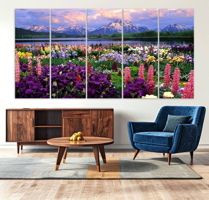 A Vibrant Wildflower Garden and Mountain View Giclee Print is displayed prominently on the wall.