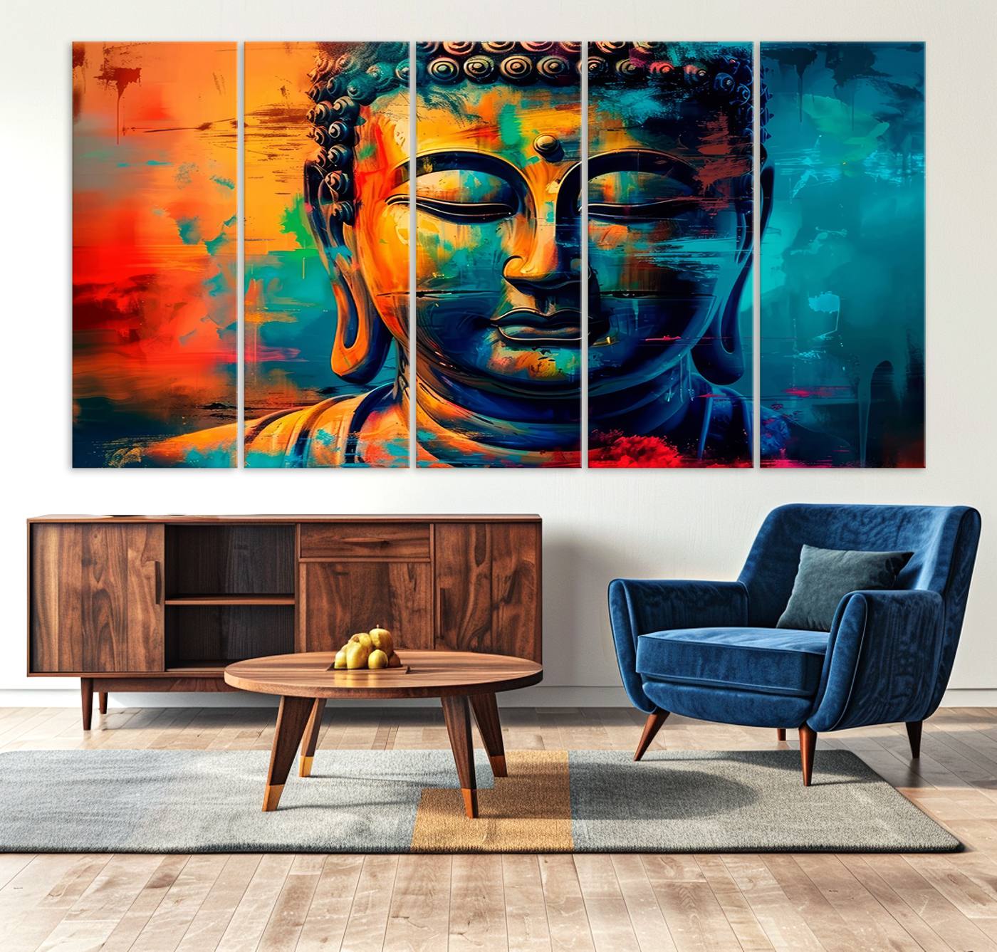 A vibrant, abstract artistic rendition of a Buddha statue face, blending bold and contrasting colors to evoke a sense of peace, spirituality, and enlightenment.