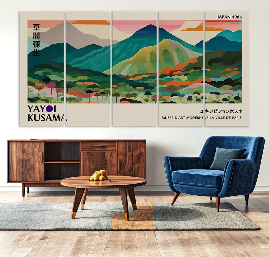 Vibrant Kusama landscape canvas featuring floral mountains and botanical decor, ideal for a modern home.