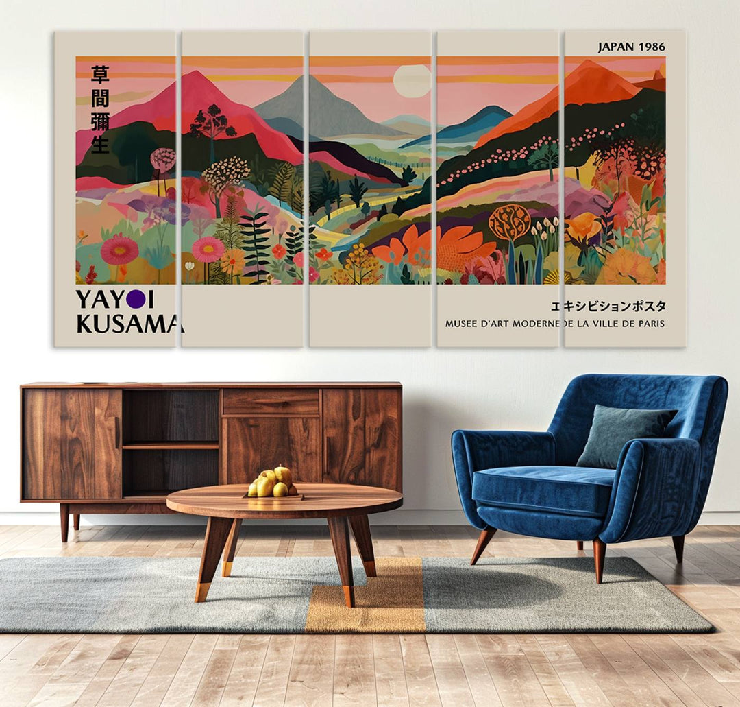 The Yayoi Kusama Landscape Print features vibrant floral mountains with abstract designs, ideal for modern decor.