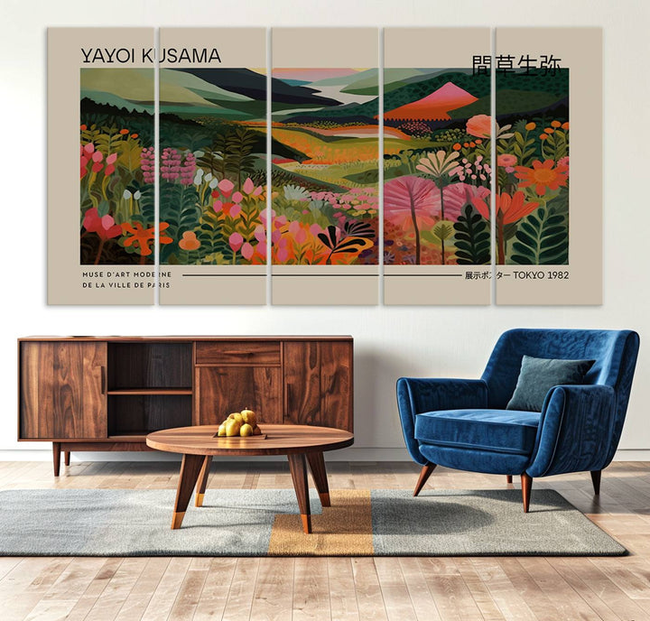 A Yayoi Kusama Landscape Canvas Print brightens the wall with vibrant floral and mountain art.