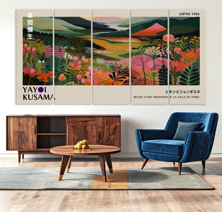 Yayoi Kusamas Landscape Canvas Print with vibrant floral mountain art adorns the wall.