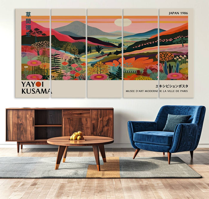 Yayoi Kusama Landscape Canvas Print: Vibrant mountain, sun, trees, and flowers art titled Japan 1936.