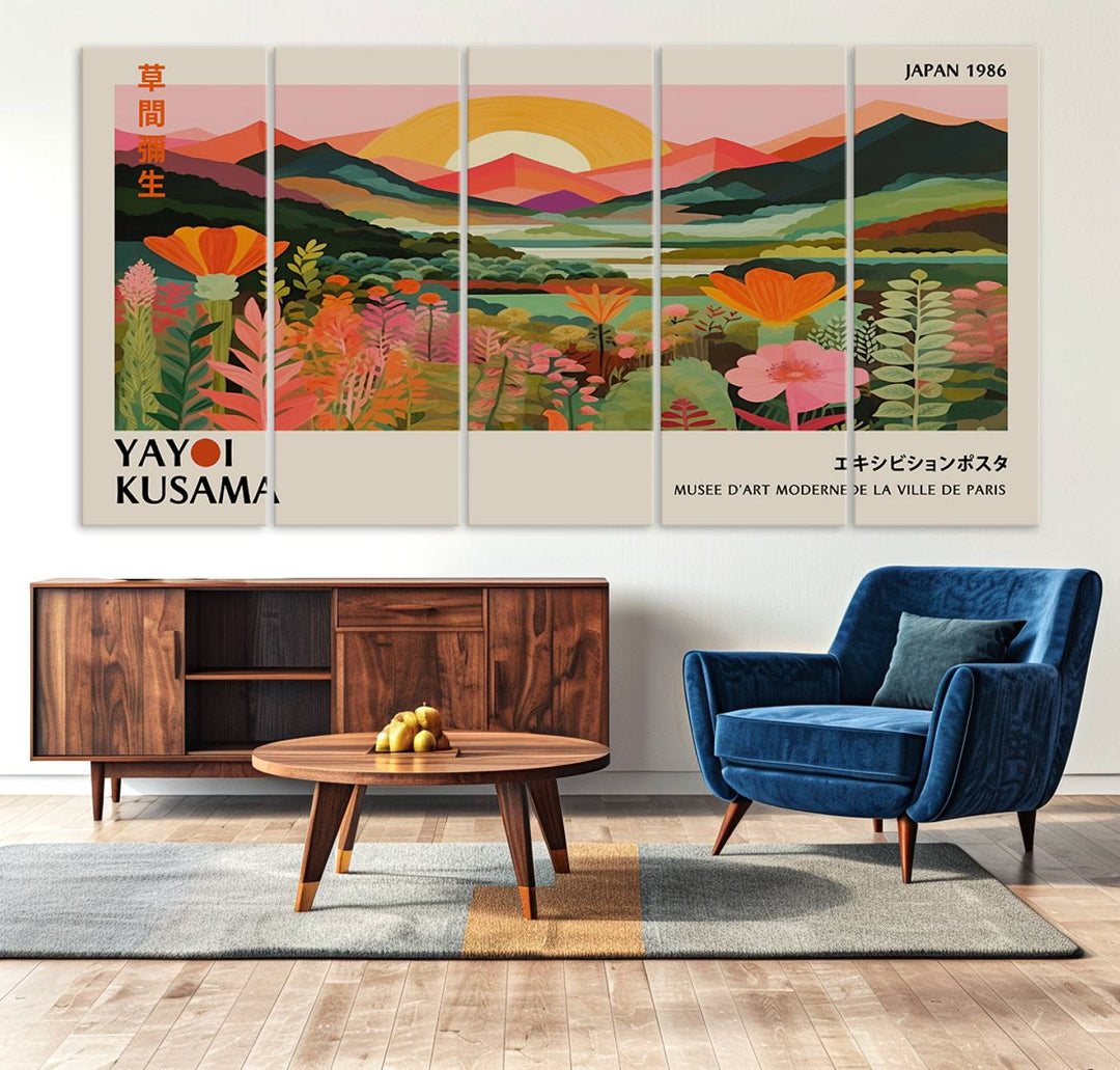 The Yayoi Kusama Landscape Canvas Print, featuring vibrant floral mountains and sunset scenery, enhances the room.