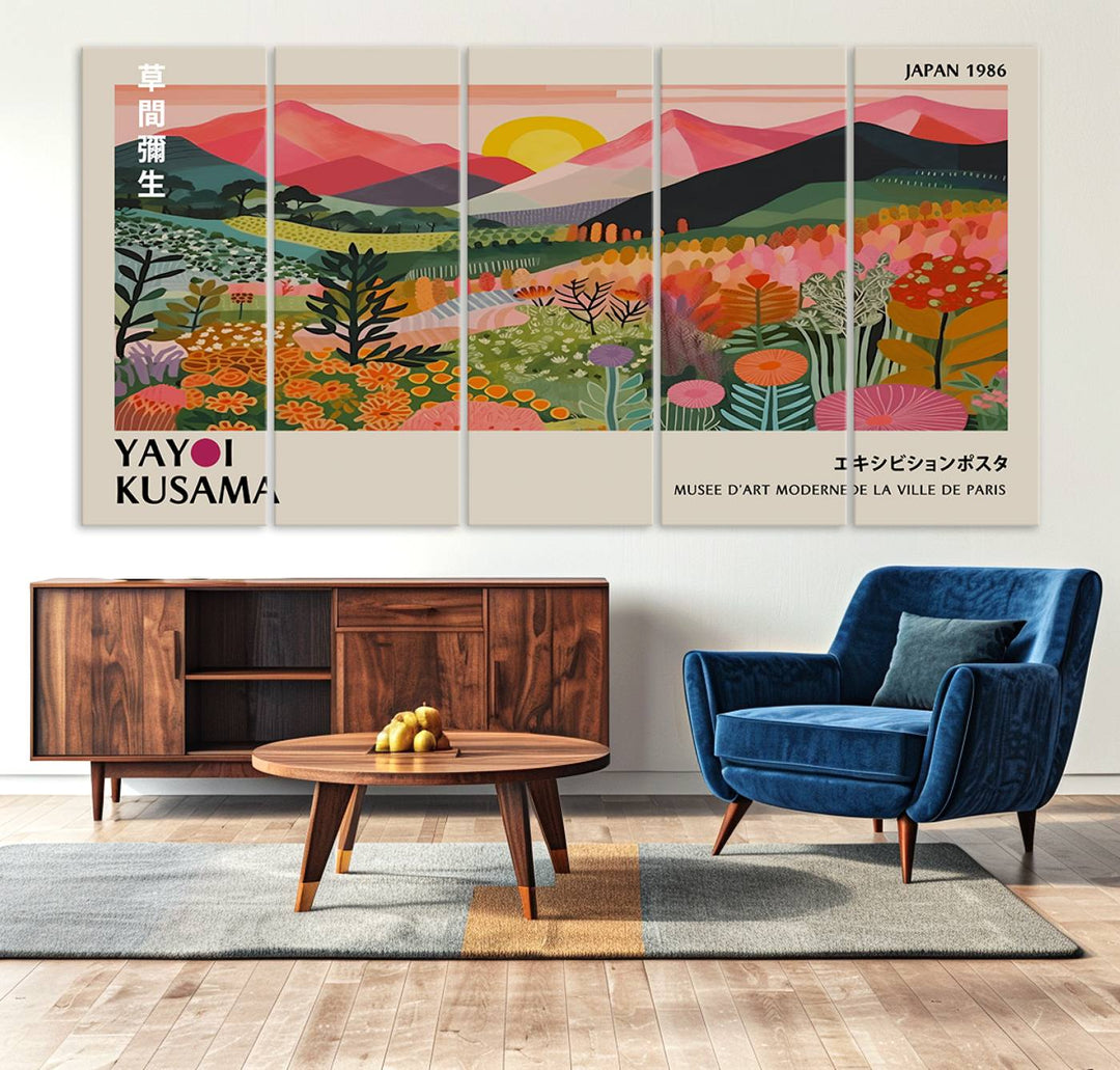 The wall art includes a vintage world map and Yayoi Kusamas colorful landscape.