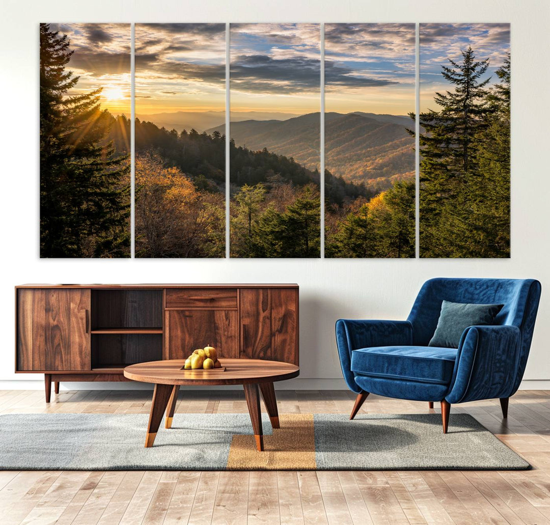 The dining area is beautifully decorated with the Sunrise Over the Smoky Mountains Canvas Wall Art – a breathtaking scenic landscape photography in a stunning triptych that's ready to hang.