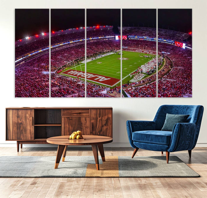 The living room features a Bryant-Denny Stadium Night Game Triple Canvas Wall Art.