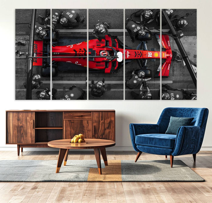 The Ferrari Pit Stop Canvas Wall Art features bold motorsport imagery that captures the precision and speed of Formula 1.