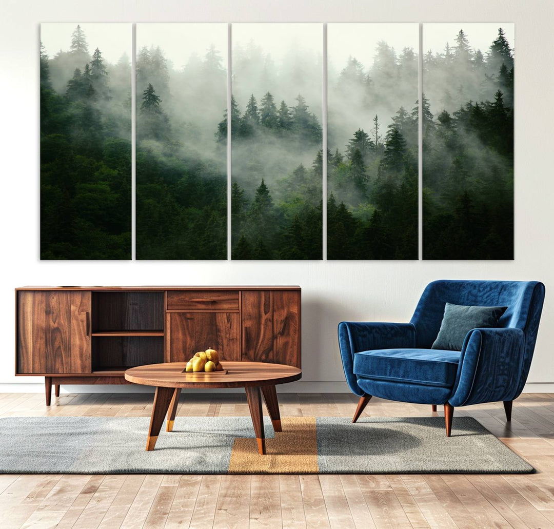 The Misty Forest Wall Art Canvas Print captures a serene, foggy evergreen landscape, evoking a mysterious woodland ambiance.