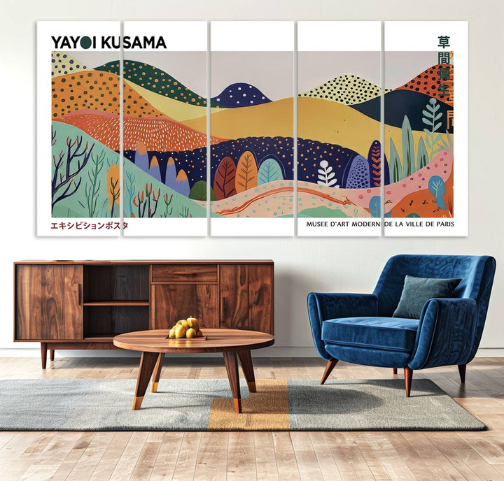 A triptych featuring the Framed Yayoi Kusama 1986 Wall Art Print hangs above. This Japanese Wabi Sabi inspired piece, rich in vibrant abstract landscapes, adds an elegant touch to any nature-inspired décor.