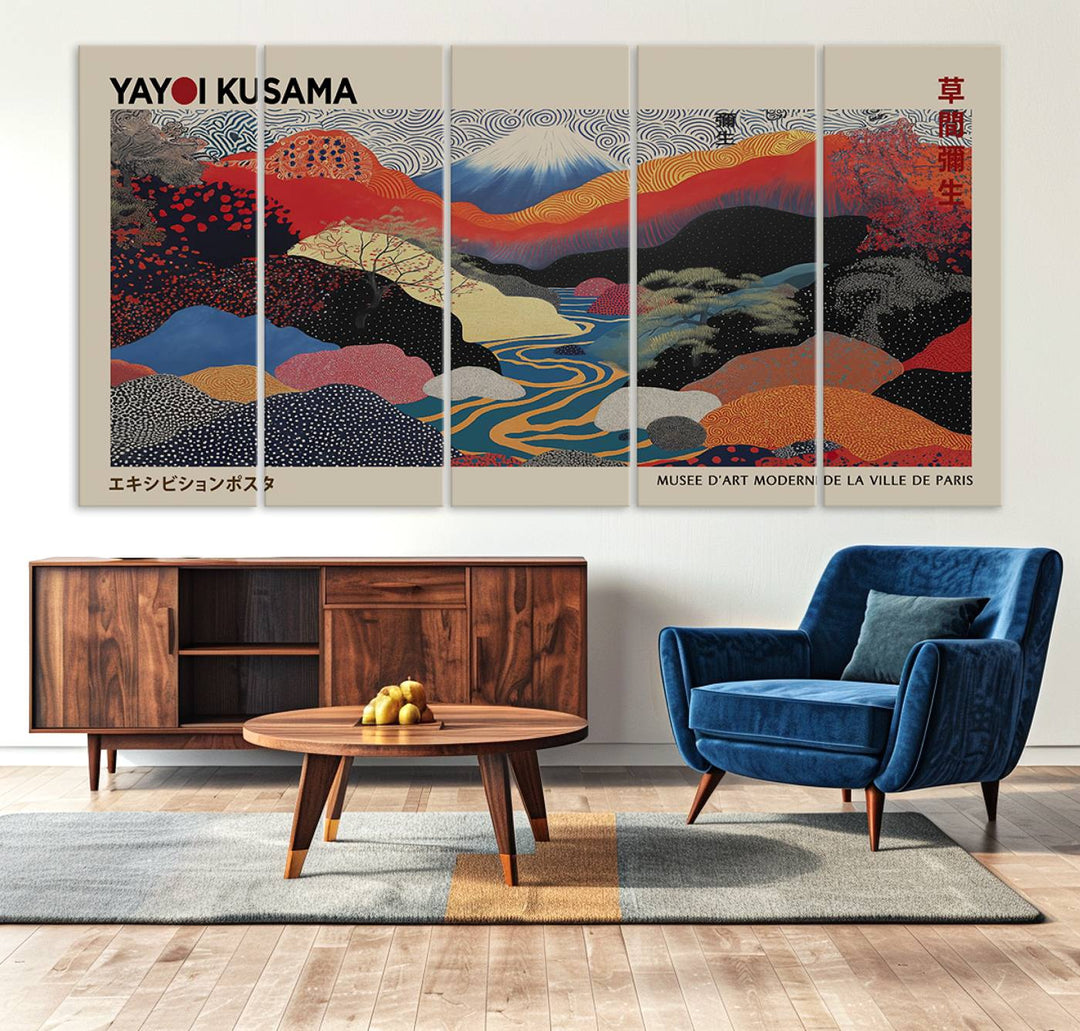 The room showcases Kusamas 1986 vibrant abstract landscape wall art print.